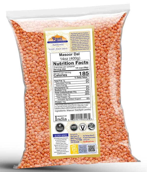 Rani Masoor Dal (Indian Red Lentils) Split Gram 14oz (400g) ~ All Natural | Gluten Friendly | NON-GMO | Kosher | Vegan | Indian Origin