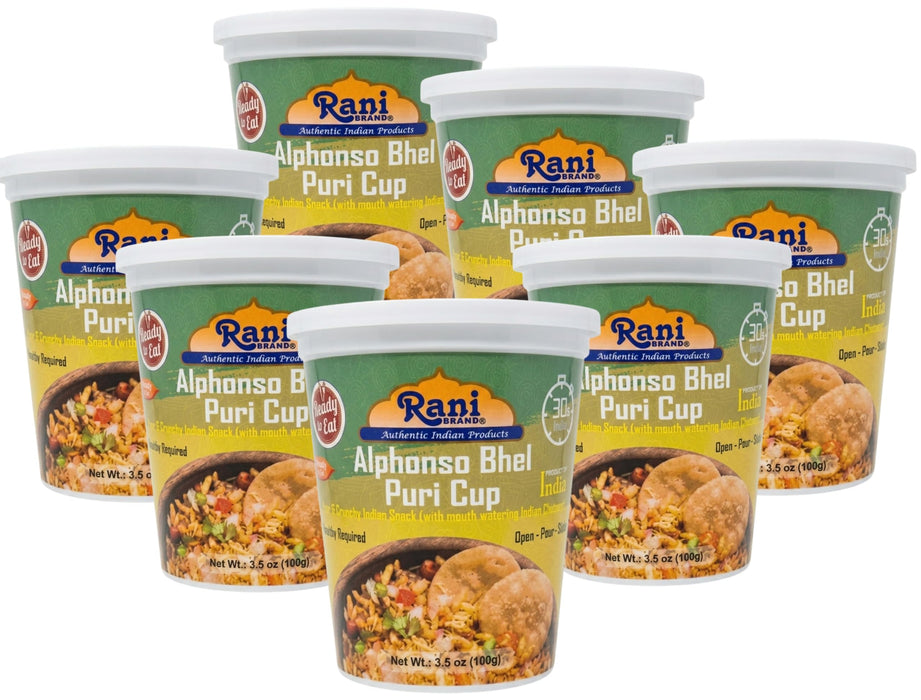 Rani Alphonso Mango Bhel Puri Cup (Spicy & Crunchy Indian Snack w/ mouth watering Indian Chutneys) 3.5oz (100g), Pack of 6+1 FREE ~ Ready to Eat | Vegan | NON-GMO | Indian Origin