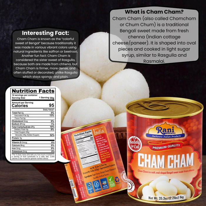 Rani Cham Cham (Oval-shaped Bengali Sweet) 35.3oz (2.2lbs) 1kg, Approximately 14 pieces, Easy Open Lid ~ Ready to eat | Gluten Free | Non-GMO | Kosher | Indian Origin