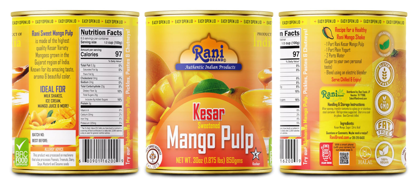 Rani Mango Pulp Puree (Kesar Sweetened) {3 Sizes Available)