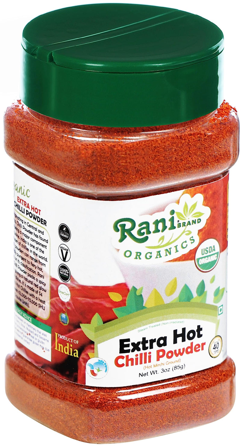 Rani Organic Extra Hot Chilli Powder (Hot Mirchi Ground) 3oz (85g) PET Jar ~ All Natural | Vegan | Gluten Friendly | NON-GMO | Indian Origin | USDA Certified Organic