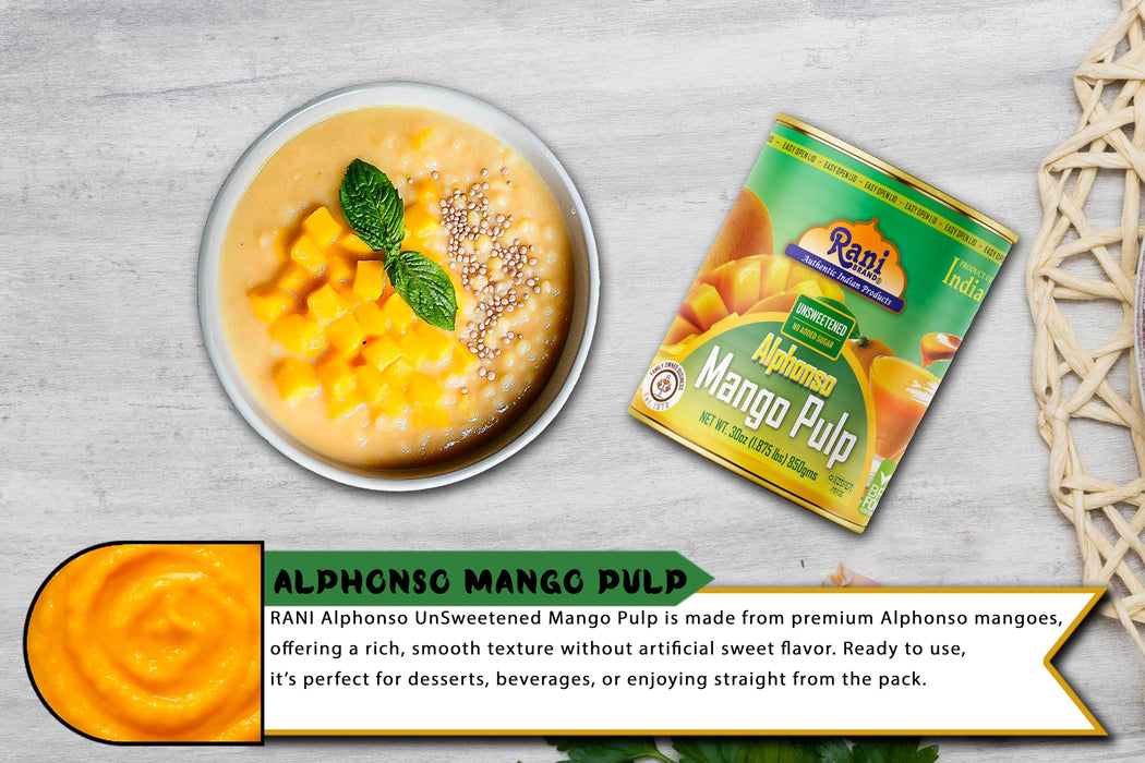 Rani Mango Pulp Puree (Makes Mango Lassi Shakes) Alphonso Unsweetened 30oz (1.875lbs) 850g Pack of 6 ~ Kosher | All Natural | NON-GMO | Vegan | No colors | Gluten Friendly | Indian Origin