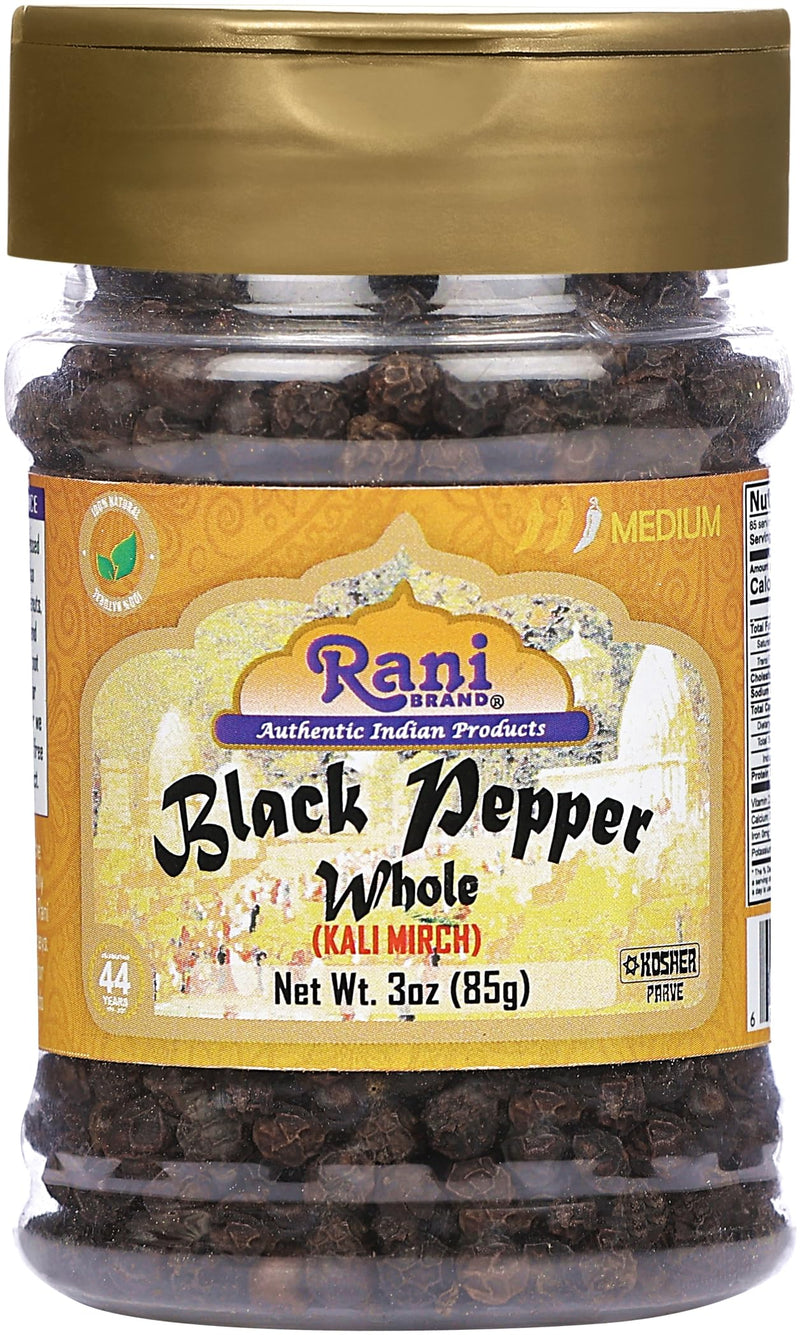 Rani Black Pepper Whole (Peppercorns), Premium Bold Tellicherry Quality 3oz (85g) PET Jar ~ All Natural | Gluten Friendly | Non-GMO | Kosher | Product of Vietnam | Perfect size for Grinders!