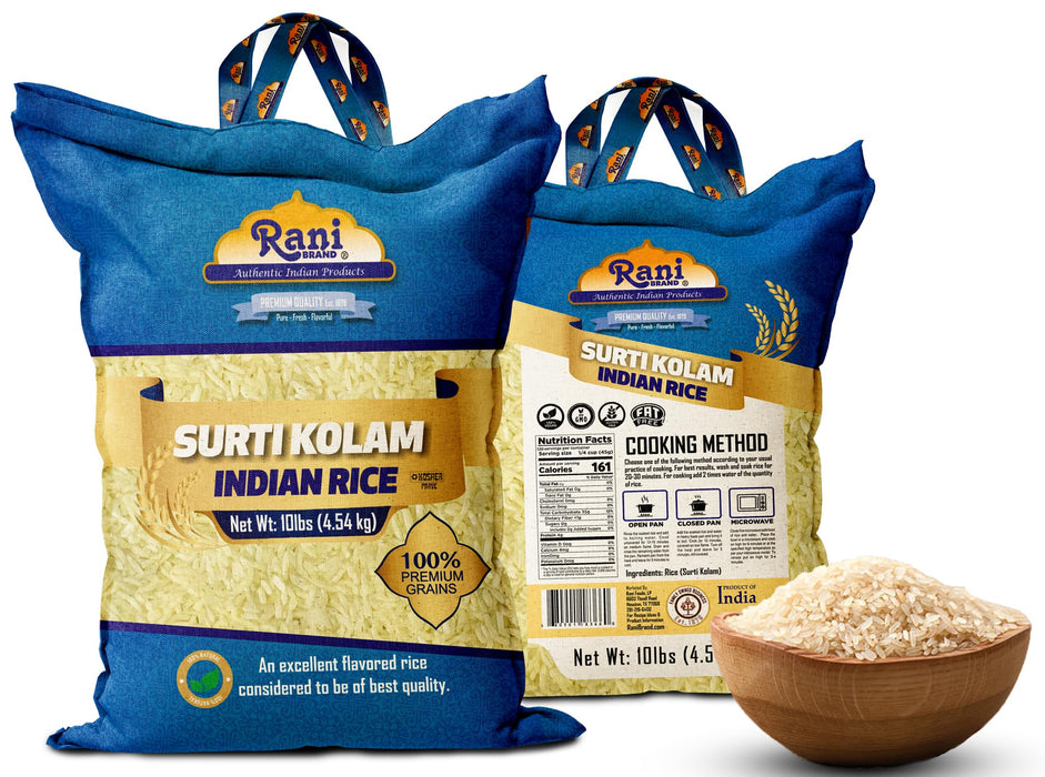 Rani Surti Kolam Indian Rice 160oz (10lbs) 4.54kg Cloth Bag ~ All Natural | Gluten Friendly | Vegan | Kosher | Export Quality | Indian Origin