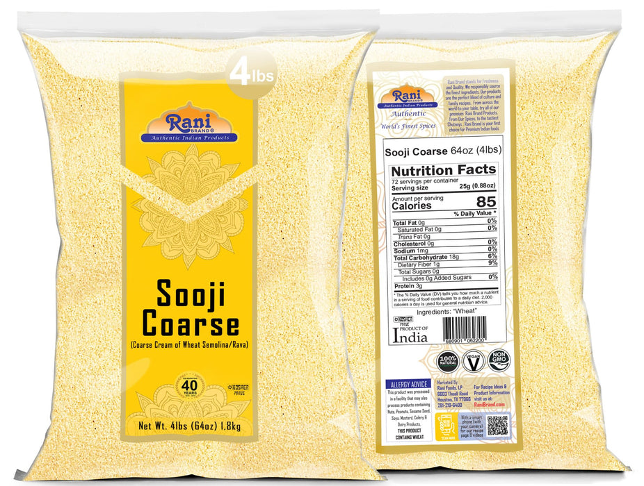 Rani Sooji Coarse (Farina, Suji, Rava, Rawa, Wheat Semolina) Flour 64oz (4lbs) 1.81kg ~ All Natural | Vegan | NON-GMO | Kosher | Indian Origin