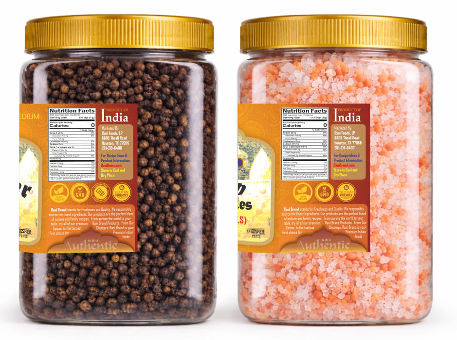 Rani Black Pepper Whole 16oz (1lb) 454g PET Jar & Himalayan Pink Salt Granules 32oz (2lbs) 908g PET Jar, Combo Pack, Perfect size for Grinders! ~ All Natural | Gluten Friendly | Non-GMO | Kosher