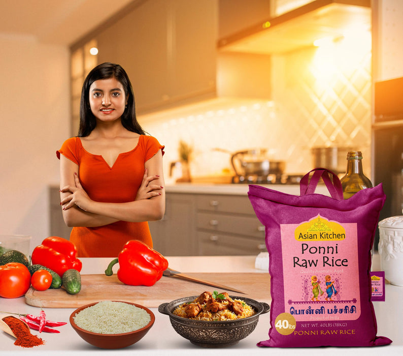 Asian Kitchen Ponni Raw Rice 40-Pound Bag, 40lbs (18.14kg) Short Grain Rice ~ All Natural | Gluten Friendly | Vegan | Indian Origin | Export Quality