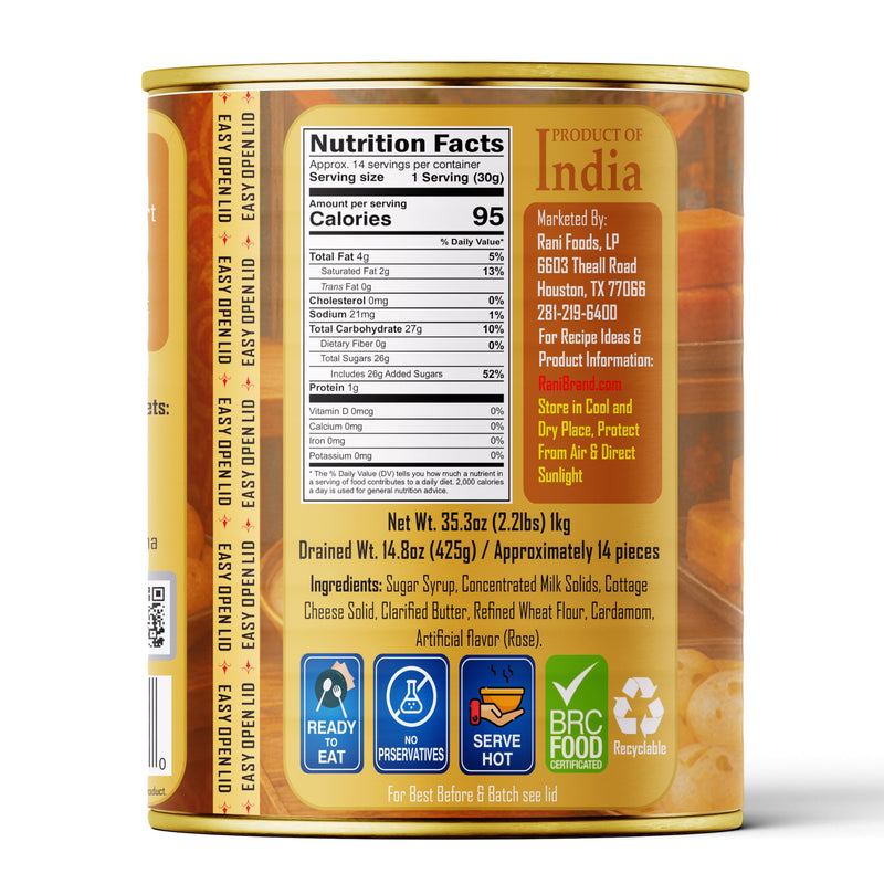 Rani Gulab Jamun Round (w/ Cardamom Flavored Sugar Syrup) 35.3oz (2.2lbs) 1kg, Approximately 14 pieces, Easy Open Lid ~ Ready to eat | Vegan | Non-GMO | Kosher | Indian Origin