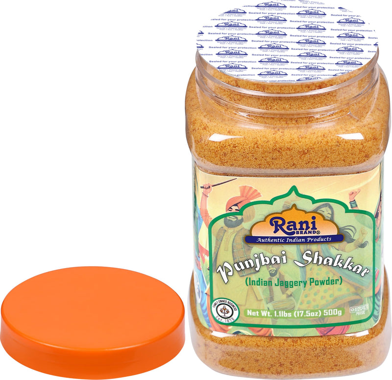 Rani Punjabi Shakkar (Gur Jaggery Powder) Indian Unrefined Raw Cane Sugar 17.5oz (1.1lbs) 500g PET Jar ~ Gluten Friendly | Vegan |  Kosher | NON-GMO | No Salt or fillers | Indian Product