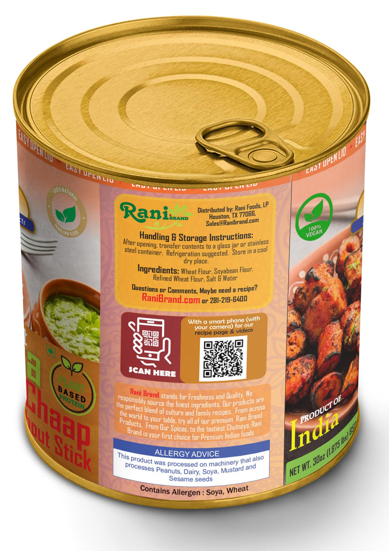 Rani Cut Soya Chaap Whitout Stick (Plant Based Protein) 30oz (1.875lbs) 850g Pack of 18 ~ Easy Open Lid | All Natural | Vegan | No Colors | NON-GMO | Kosher | Indian Origin | Soy Based Meat Substitute