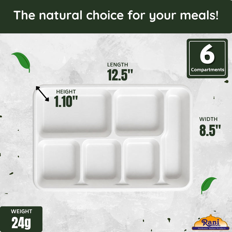 Rani 6 Compartment Square Biodegradable Divided Plates, Pack of 1000 ~ Party, Thali, Buffet | Disposable & Eco-Friendly | Heavy-Duty Sturdy Paper Bagasse | Premium Quality | 12.5" x 8.5" x 1.10"