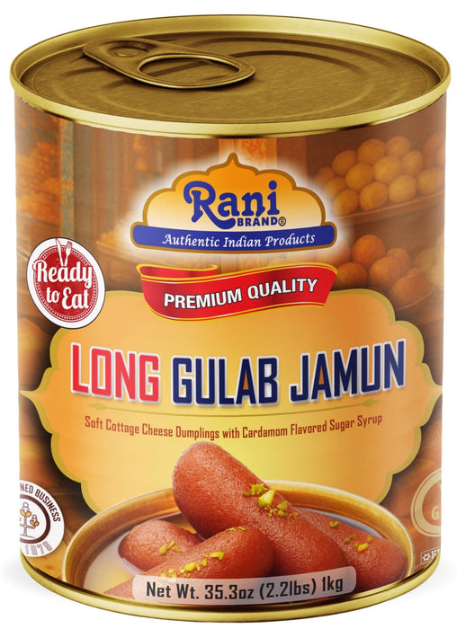 Rani Gulab Jamun Long (w/ Cardamom Flavored Sugar Syrup) 35.3oz (2.2lbs) 1kg, Approximately 14 pieces, Easy Open Lid ~ Ready to eat | Vegan | Non-GMO | Kosher | Indian Origin