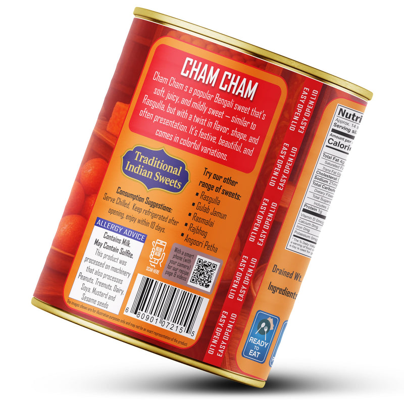 Rani Cham Cham (Oval-shaped Bengali Sweet) 35.3oz (2.2lbs) 1kg, Pack of 2, Approximately 14 pieces, Easy Open Lid ~ Ready to eat | Gluten Free | Non-GMO | Kosher | Indian Origin