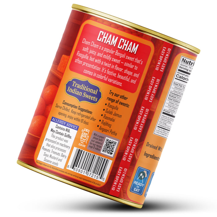 Rani Cham Cham (Oval-shaped Bengali Sweet) 35.3oz (2.2lbs) 1kg, Pack of 6, Approximately 14 pieces, Easy Open Lid ~ Ready to eat | Gluten Free | Non-GMO | Kosher | Indian Origin