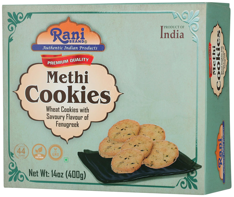 Rani Methi Cookies (Wheat Cookies with Savoury Flavour of Fenugreek) 14oz (400g) Pack of 3+1 FREE, Premium Quality Indian Cookies ~ All Natural | Vegan | Non-GMO | Indian Origin