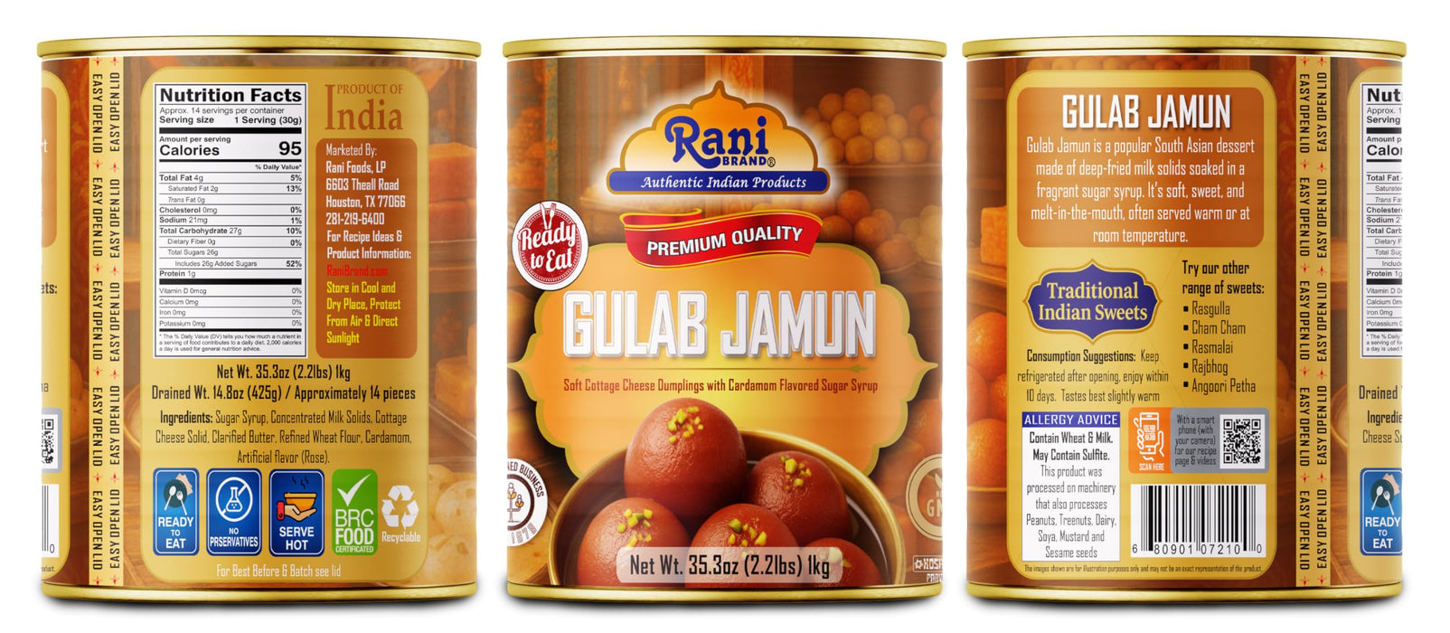 Rani Gulab Jamun Round (w/ Cardamom Flavored Sugar Syrup) 35.3oz (2.2lbs) 1kg, Pack of 6, Approximately 14 pieces, Easy Open Lid ~ Ready to eat | Vegan | Non-GMO | Kosher | Indian Origin