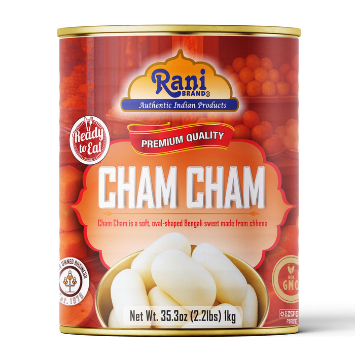 Rani Cham Cham (Oval-shaped Bengali Sweet) 35.3oz (2.2lbs) 1kg, Pack of 6, Approximately 14 pieces, Easy Open Lid ~ Ready to eat | Gluten Free | Non-GMO | Kosher | Indian Origin