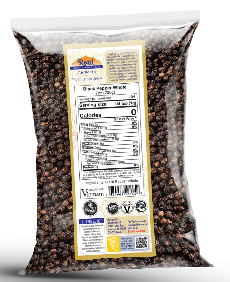 Rani Black Pepper Whole (Peppercorns), Premium Bold Tellicherry Quality 7oz (200g) ~ All Natural | Gluten Friendly | Non-GMO | Kosher | Product of Vietnam | Perfect size for Grinders!