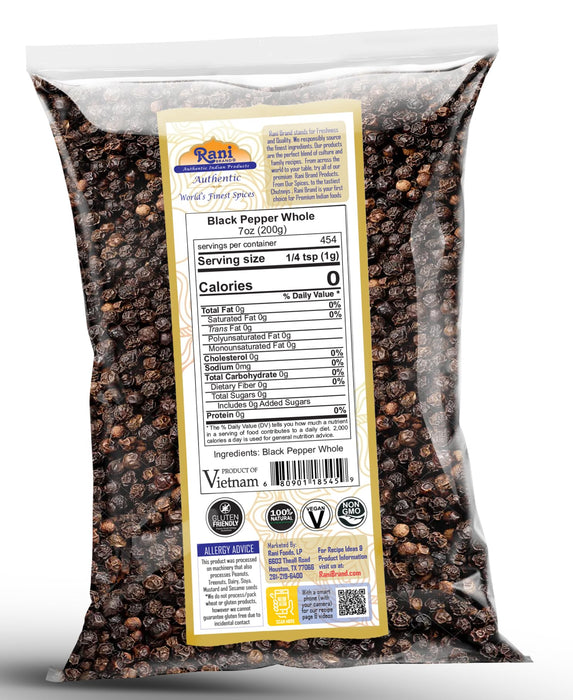 Rani Black Pepper Whole (Peppercorns), Premium MG-1 Grade 7oz (200g) ~ Gluten Friendly | Non-GMO | Kosher | Natural | Perfect size for Grinders!