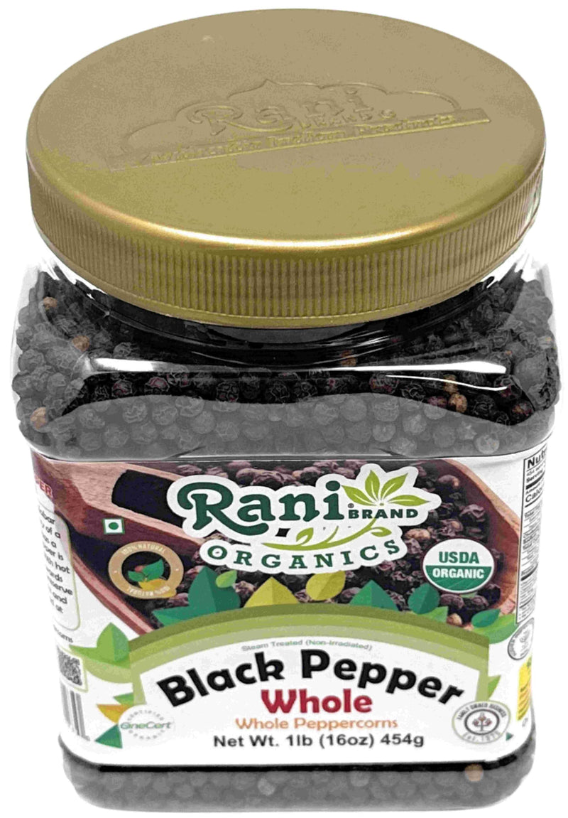 Rani Organic Black Pepper Whole (Peppercorns), Premium Bold Tellicherry Quality 16oz (1lb) 454g PET Jar ~ All Natural | Gluten Friendly | Non-GMO | USDA Certified Organic | Kosher | Product of Vietnam