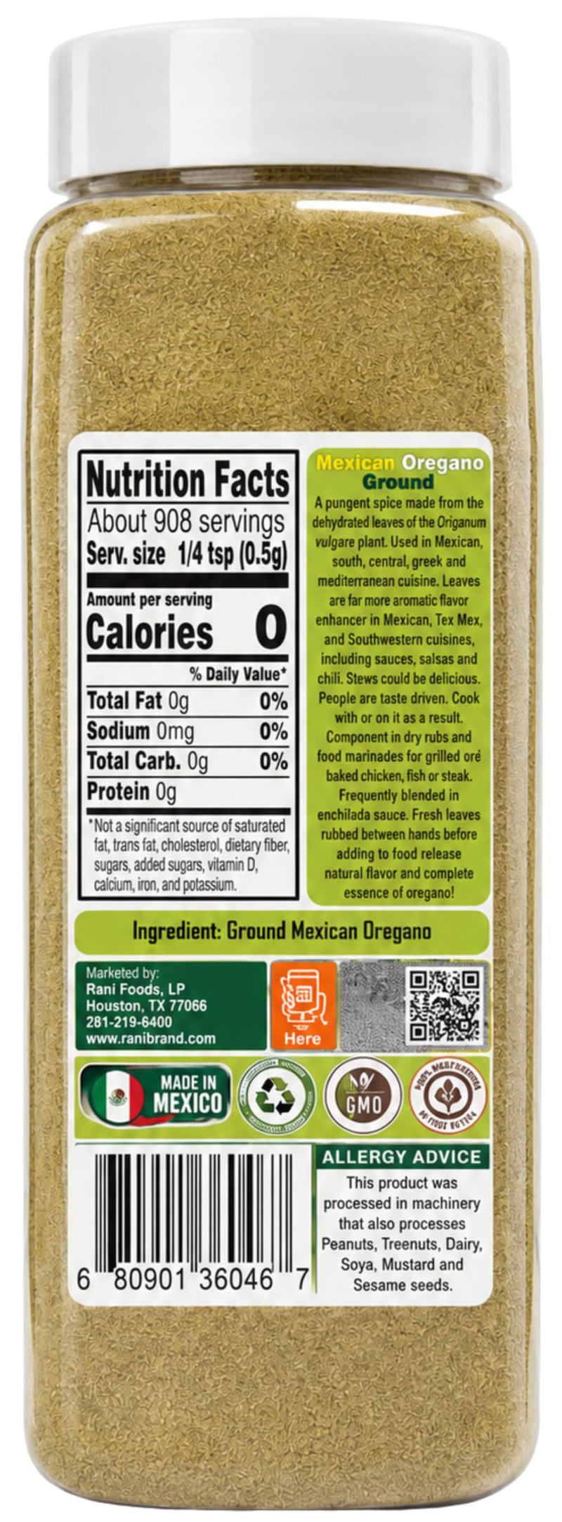 Rani Mexican Oregano Ground (Authentic Mexican Herb) 16oz (1lb) 454g PET Jar ~ All Natural | Gluten Free | NON-GMO | Kosher | Vegan | Sodium Free | Product of Mexico