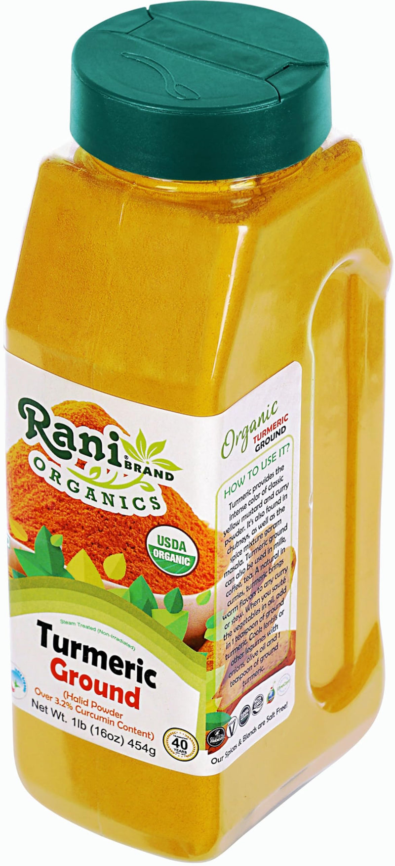 Rani Organic Turmeric (Haldi) Root Powder Spice, (High Curcumin Content) 16oz (1lb) 454g PET Jar ~ All Natural | Vegan | Gluten Friendly | NON-GMO | Kosher | Indian Origin | USDA Certified Organic