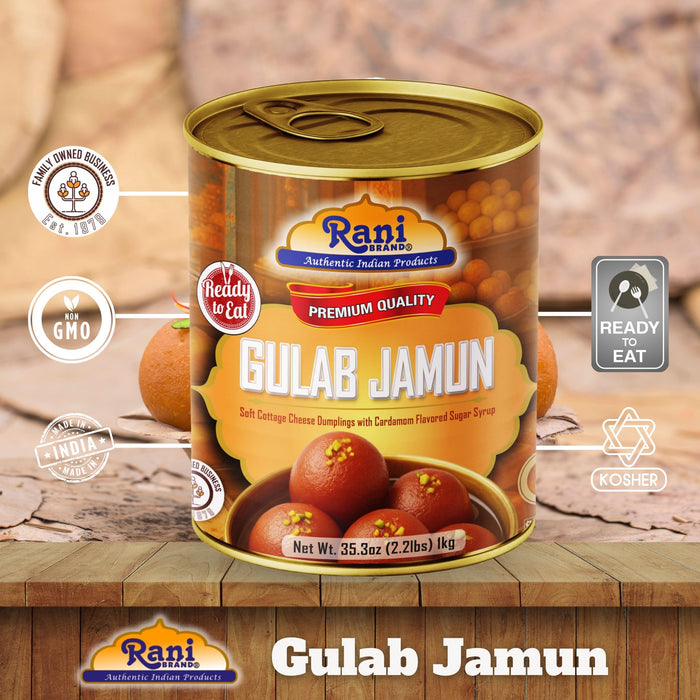 Rani Gulab Jamun Round (w/ Cardamom Flavored Sugar Syrup) 35.3oz (2.2lbs) 1kg, Pack of 6, Approximately 14 pieces, Easy Open Lid ~ Ready to eat | Vegan | Non-GMO | Kosher | Indian Origin