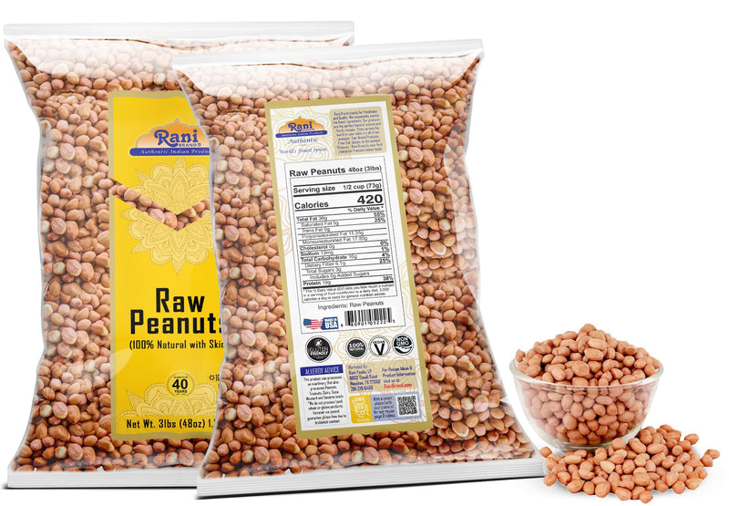 Rani Peanuts, Raw Whole With Skin (uncooked, unsalted) 48oz (3lbs) 1.36kg Bulk ~ All Natural | Vegan | Gluten Friendly | Kosher | Fresh Product of USA ~ Spanish Grade Groundnut / Red-skin