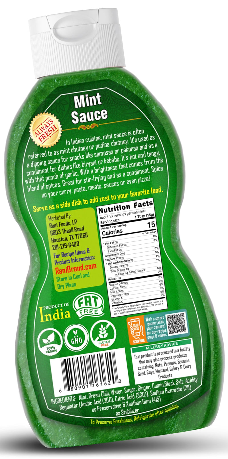 Rani Mint Sauce (Savory Dipping Sauce) 7oz (200g) Glass Jar, Ready to eat, Vegan ~ Gluten Free | NON-GMO | Kosher | Indian Origin