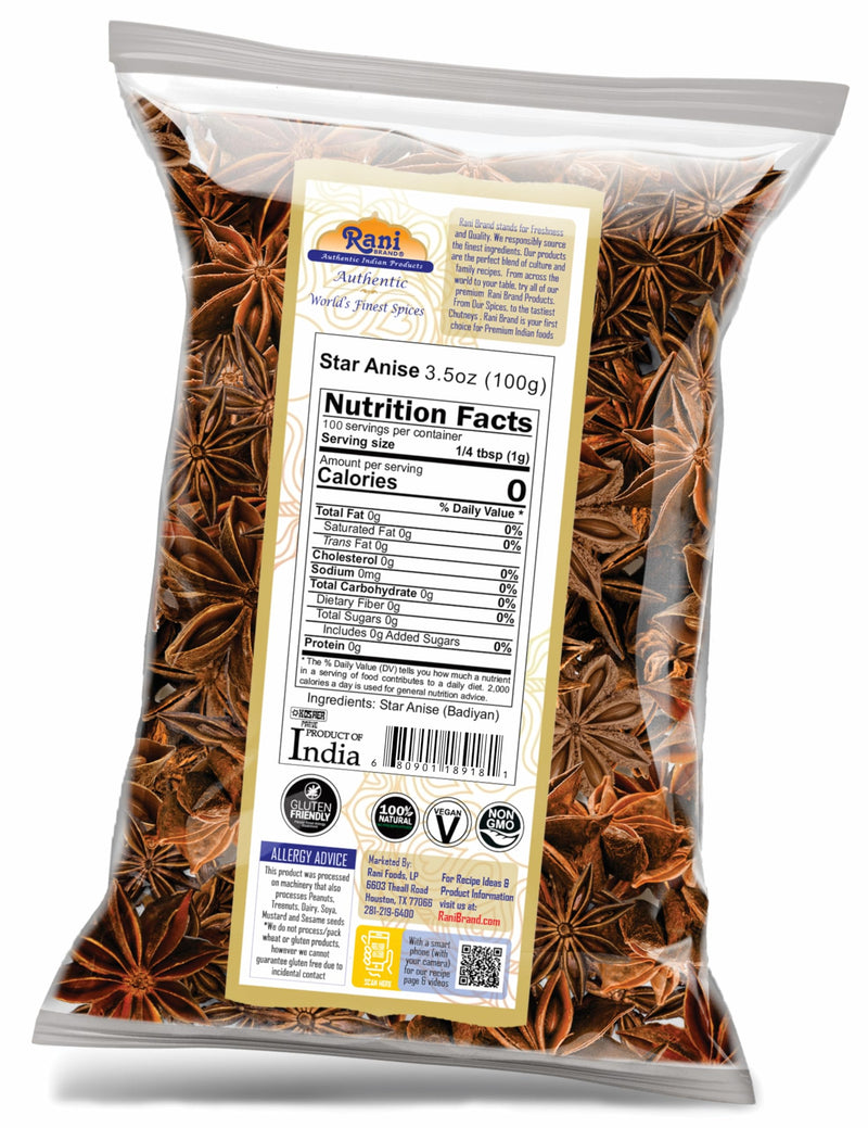 Rani Star Anise Seeds, Whole Pods (Badian Khatai) Spice 3.5oz (100g) ~ All Natural | Gluten Friendly | Kosher | Vegan | Whole Chinese Anise Star Sun Dried Spice, Anis Estrella / Illicium Verum, Widely Used for Baking, Drinks, Cooking, and Tea