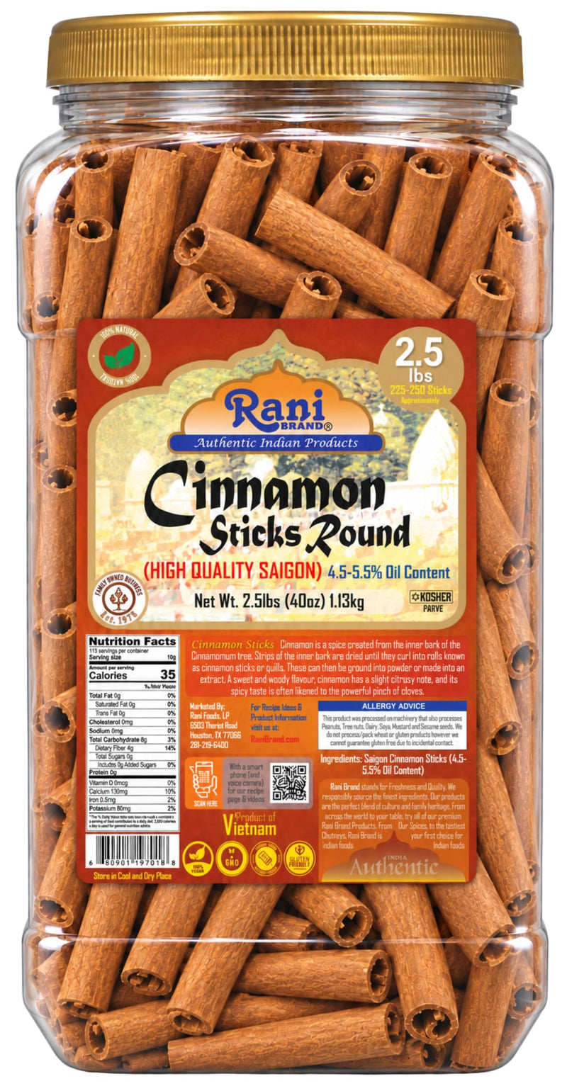 Rani Cinnamon Sticks 40oz (2.5lbs) 1.13kg Bulk PET Jar - 220 -250 Sticks - Strong Aroma, Perfect for Baking, Cooking & Beverages | 3+ Inches Length - Cassia Saigon Cinnamon from Vietnam | Kosher