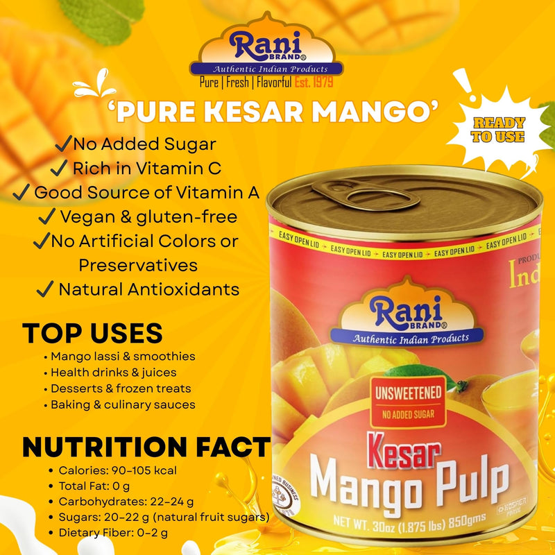 Rani Mango Pulp Puree (Makes Mango Lassi Shakes) Kesar Unsweetened 30oz (1.875lbs) 850g Pack of 6 ~ Kosher | All Natural | NON-GMO | Vegan | No colors | Gluten Friendly | Indian Origin