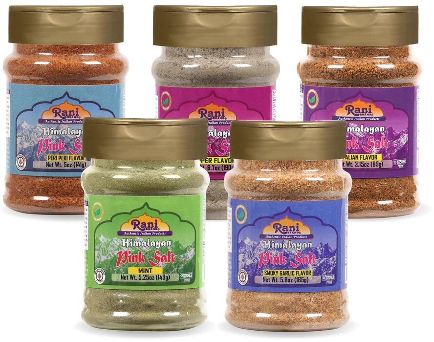 Rani Himalayan Pink Salt Granules 5 in 1 Flavors (Mint, Smokey Garlic, Italian, Pepper, Peri Peri) PET Jar ~ All Natural | Vegan | Gluten Friendly | NON-GMO | Kosher | Indian Origin
