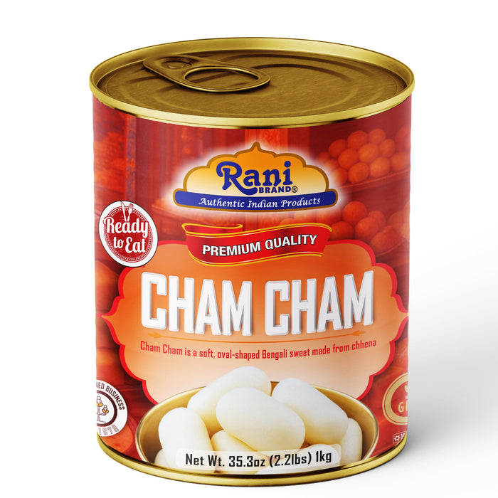 Rani Cham Cham (Oval-shaped Bengali Sweet) 35.3oz (2.2lbs) 1kg, Pack of 6, Approximately 14 pieces, Easy Open Lid ~ Ready to eat | Gluten Free | Non-GMO | Kosher | Indian Origin