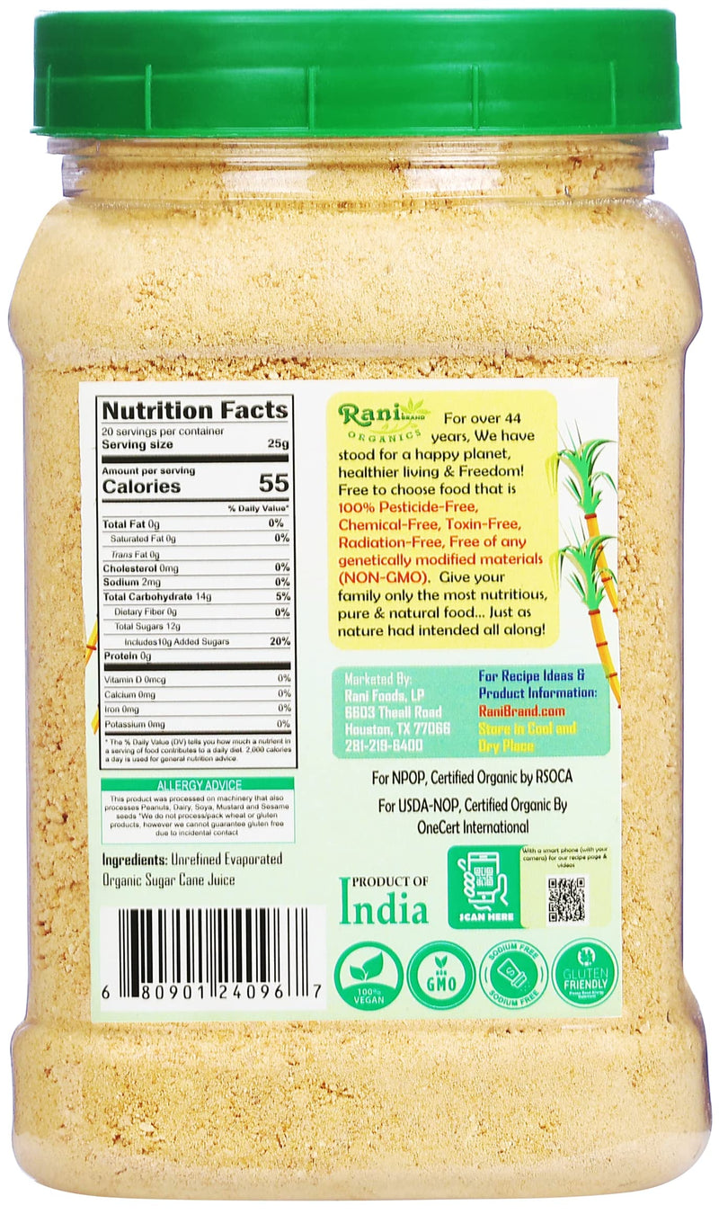 Rani Organic Jaggery Shakkar (Unrefined Evaporated Organic Sugar Cane Juice) 17.5oz (1.1lbs) 500g PET Jar ~ Gluten Friendly | Vegan | NON-GMO | Indian Product | USDA Certified Organic