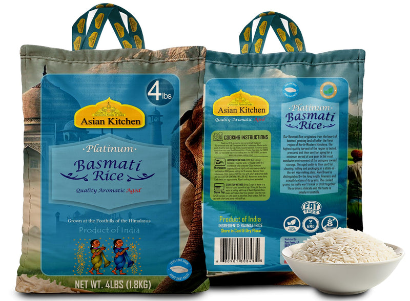 Asian Kitchen Platinum White Basmati Rice Extra Long Aged 4lbs (1.81kg) ~ All Natural | Gluten Friendly | Vegan | Indian Origin | Export Quality