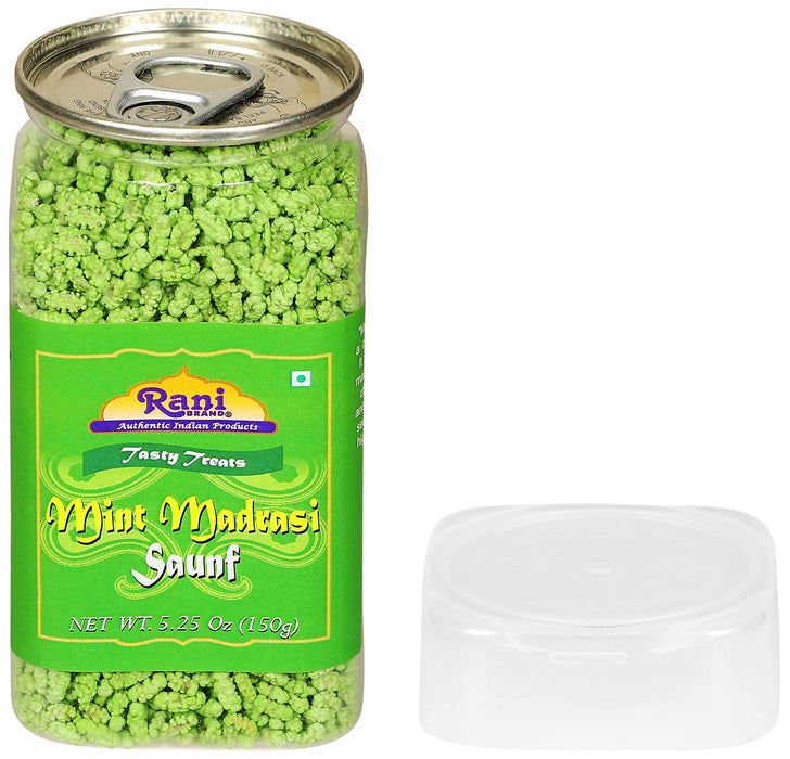 Rani Mint Madrasi Saunf 5.25oz (150g) Vacuum Sealed, Easy Open Top, Resealable Container ~ Indian Tasty Treats | Vegan | Gluten Friendly | NON-GMO | Indian Origin