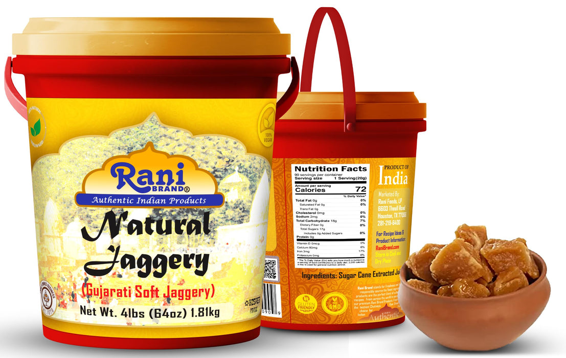Rani Natural Jaggery (Gujarati Soft Jaggery) 64oz (4lbs) 1.81kg Bulk Bucket ~ Gluten Friendly | Vegan | NON-GMO | Kosher | No Salt or fillers | Indian Product