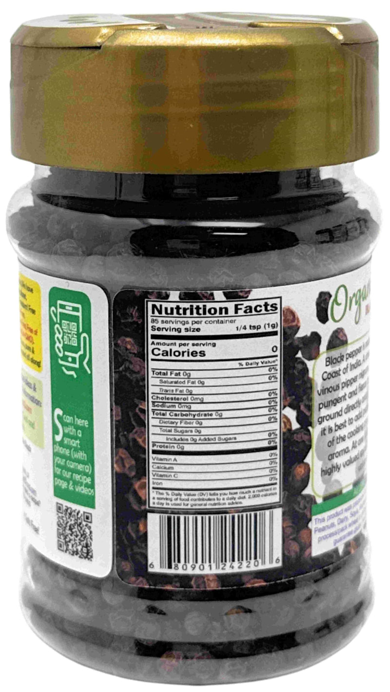 Rani Organic Black Pepper Whole (Peppercorns), Premium Bold Tellicherry Quality 3oz (85g) PET Jar ~ All Natural | Gluten Friendly | Non-GMO | USDA Certified Organic | Kosher | Product of Vietnam