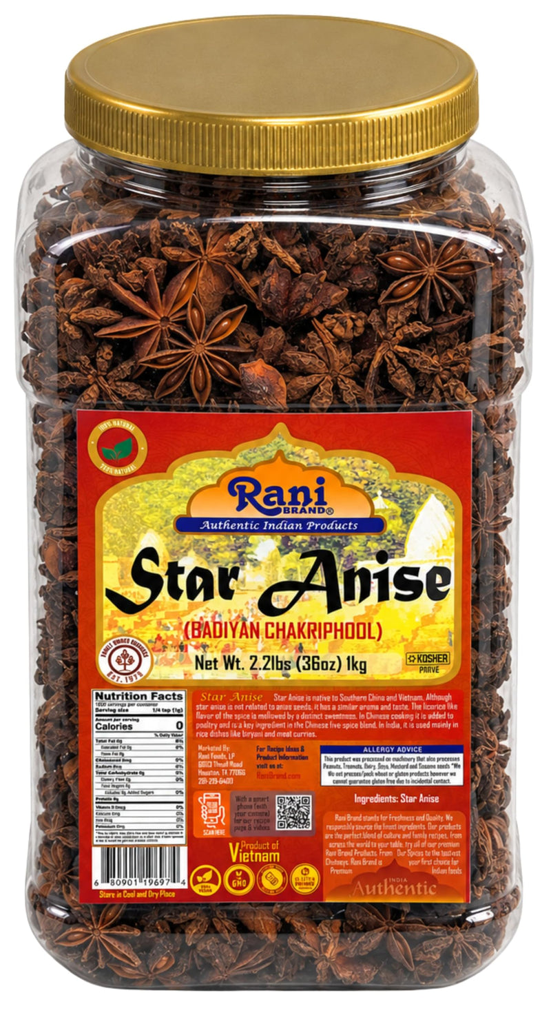 Rani Star Anise Seeds, Whole Pods (Badian Khatai) Spice 35oz (2.2lbs) 1kg PET Jar ~ All Natural | Gluten Friendly | NON-GMO | Kosher | Vegan | Indian Origin