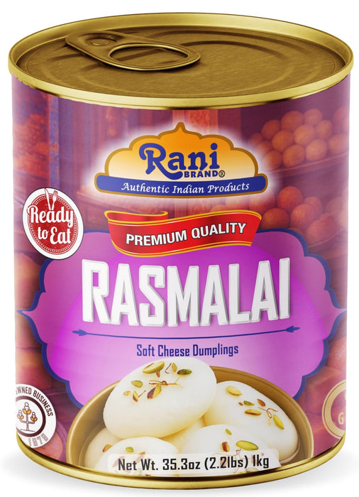 Rani Rasmalai (Soft Cheese Dumplings) 35.3oz (2.2lbs) 1kg, Approximately 14 pieces, Easy Open Lid ~ Ready to eat | Gluten Friendly | Vegan | Non-GMO | Kosher | Indian Origin