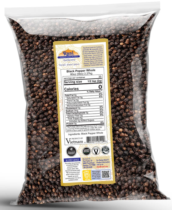 Rani Black Pepper Whole (Peppercorns), MG-1 Grade 80oz (5lbs) 2.27kg Bulk ~ All Natural | Gluten Friendly | Kosher | Non-GMO