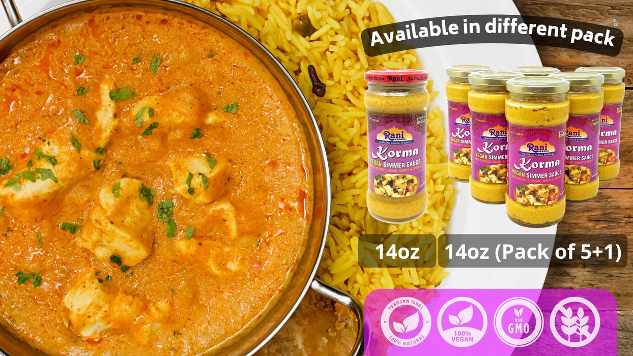 Rani Korma Curry Vegan Simmer Sauce (Rich Coconut, Onion, Garlic & Spices) 14oz (400g) Glass Jar, Pack of 5 +1 FREE ~ Easy to Use | Vegan | No Colors | All Natural | NON-GMO | Gluten Free | Indian Origin