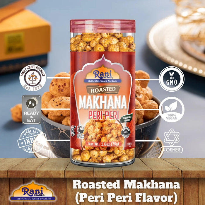 Rani Roasted Makhana (Fox Nut/Popped Lotus Seed) Peri Peri Flavor 2.6oz (75g) Ready to eat, Hand Picked Foxnuts ~ High in Protein | Vegan | Gluten Friendly | NON-GMO | Kosher | Indian Origin