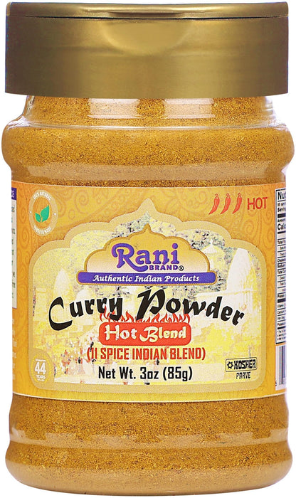 Rani Curry Powder Hot (11-Spice Authentic Indian Blend) 3oz (85g) PET Jar, Pack of 12 ~ All Natural | Salt-Free | Vegan | No Colors | Gluten Friendly | NON-GMO | Kosher | Indian Origin