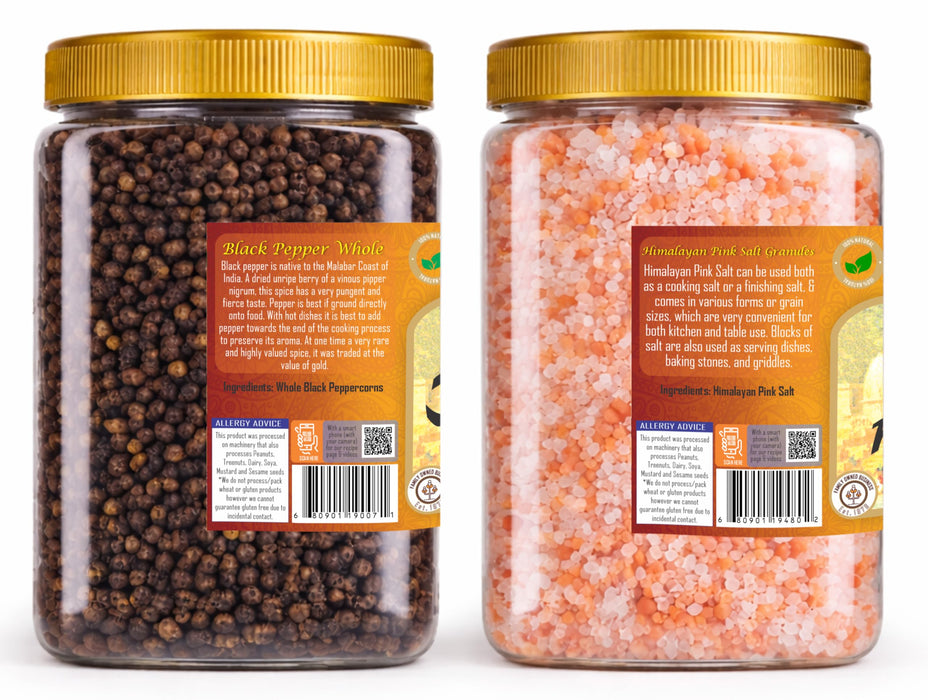 Rani Black Pepper Whole 16oz (1lb) 454g PET Jar & Himalayan Pink Salt Granules 32oz (2lbs) 908g PET Jar, Combo Pack, Perfect size for Grinders! ~ All Natural | Gluten Friendly | Non-GMO | Kosher