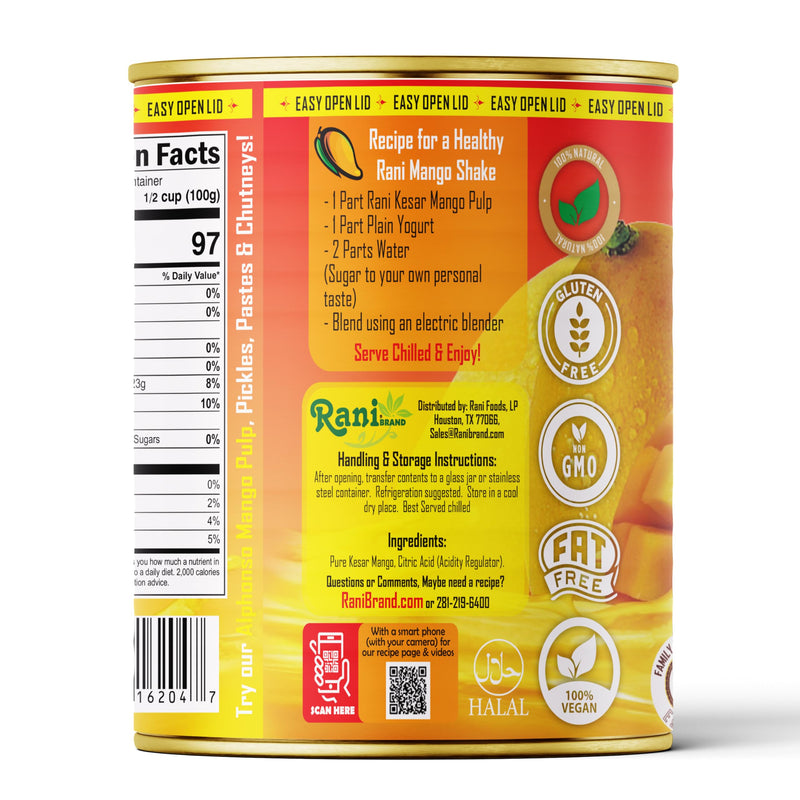 Rani Mango Pulp Puree (Makes Mango Lassi Shakes) Kesar Unsweetened 30oz (1.875lbs) 850g Pack of 6 ~ Kosher | All Natural | NON-GMO | Vegan | No colors | Gluten Friendly | Indian Origin