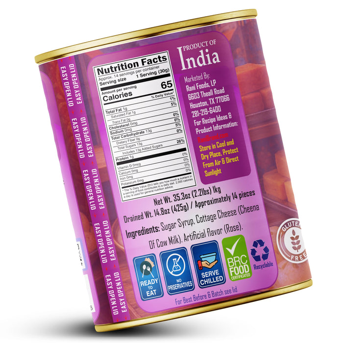 Rani Rasmalai (Soft Cheese Dumplings) 35.3oz (2.2lbs) 1kg, Pack of 2, Approximately 14 pieces, Easy Open Lid ~ Ready to eat | Gluten Friendly | Vegan | Non-GMO | Kosher | Indian Origin