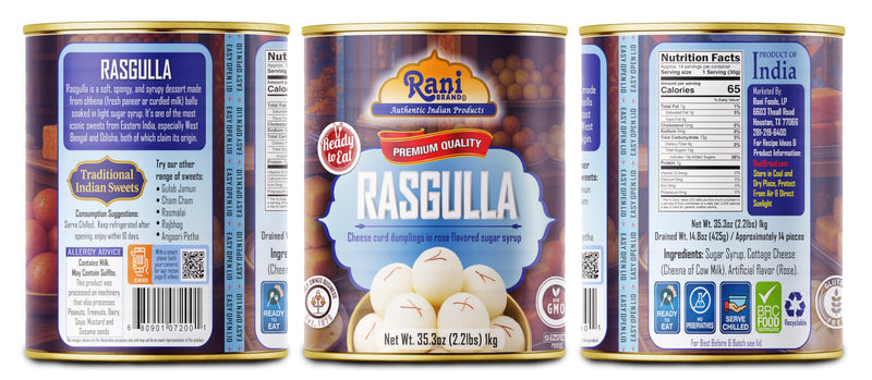 Rani Rasgulla (Cheese Curd Dumplings in Rose Flavor) 35.3oz (2.2lbs) 1kg, Pack of 6, Approximately 14 pieces, Easy Open Lid ~ Ready to eat | Gluten Friendly | Vegan | Non-GMO | Kosher | Indian Origin