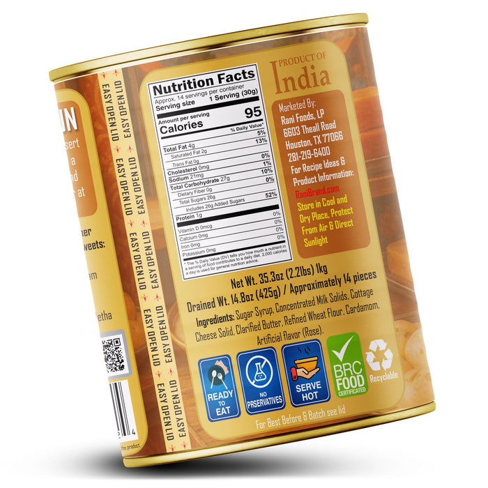 Rani Gulab Jamun Long (w/ Cardamom Flavored Sugar Syrup) 35.3oz (2.2lbs) 1kg, Approximately 14 pieces, Easy Open Lid ~ Ready to eat | Vegan | Non-GMO | Kosher | Indian Origin